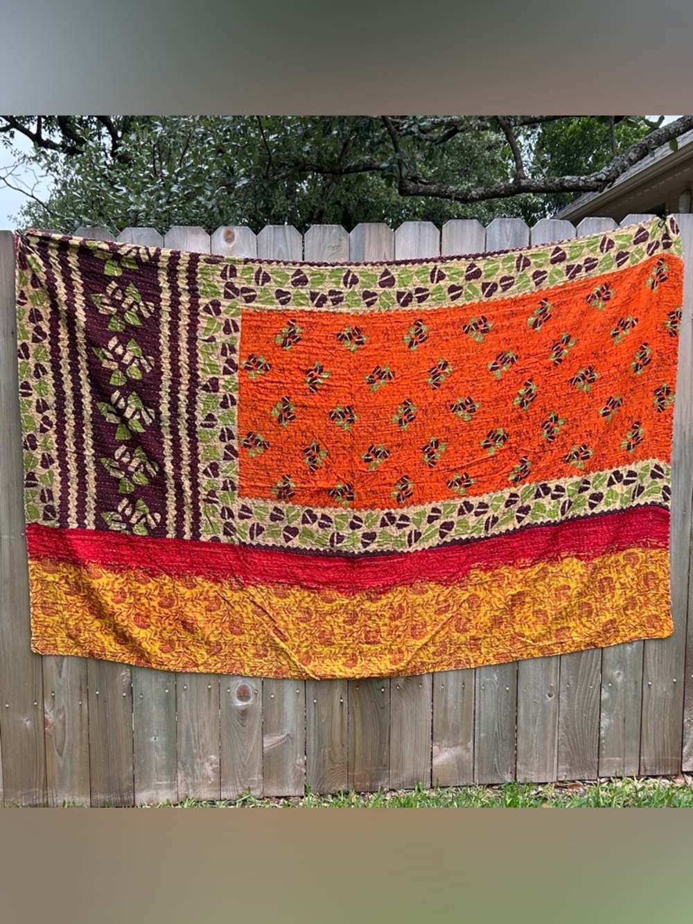 Handmade Kantha Quilt Throw Orange Red Hand Stitched Boho Blanket 85x55
